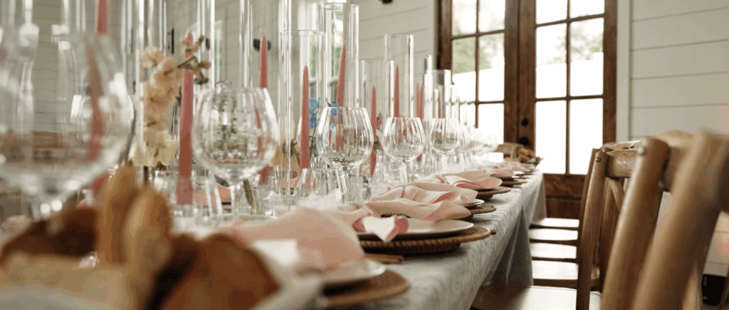 Elegant wedding tablescape featuring floral arrangements, candles, and neatly arranged table settings with plates, glassware, and linens.