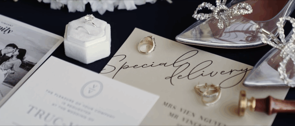 Artistic still life of wedding details, featuring shoes, rings, invitations, and floral arrangements, highlighting textures and colors.