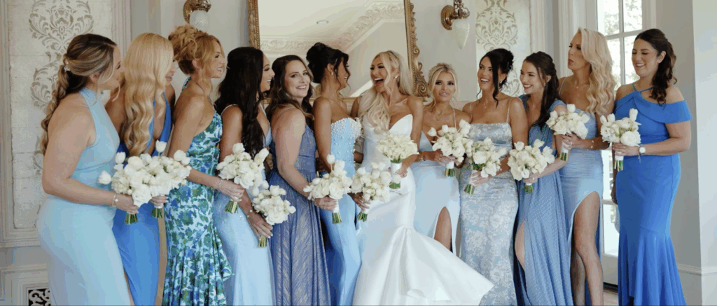 Bride in a white wedding gown laughing with her bridesmaids dressed in coordinating blue dresses, all smiling and enjoying a joyful moment together.