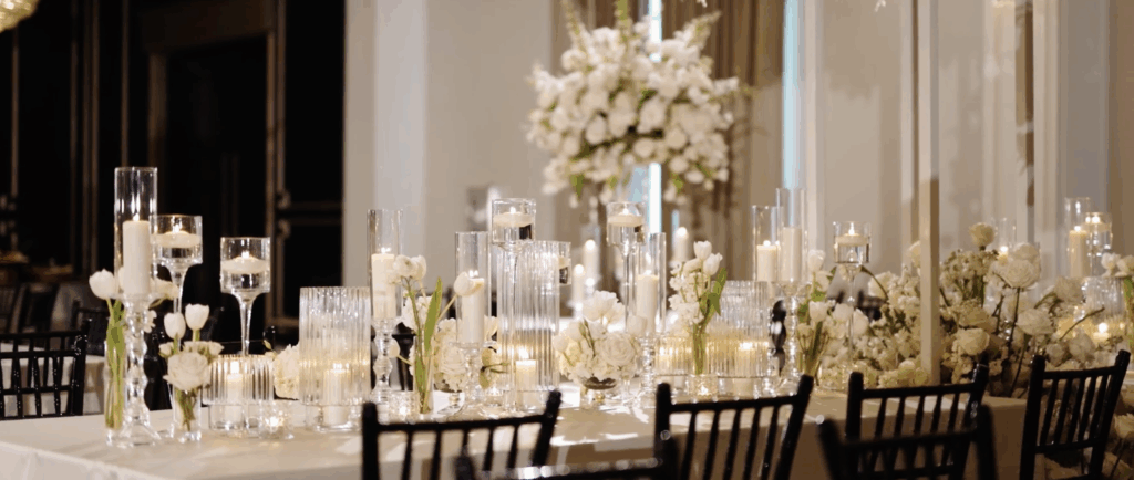 Elegant wedding tablescape with styled place settings, soft candlelight, and lush floral arrangements arranged across the table.