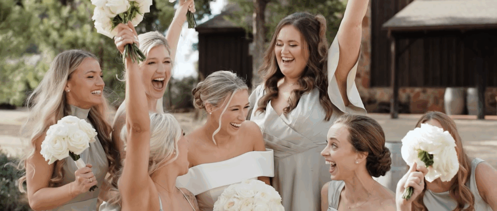 Bridesmaids cheering on the bride outside at her venue before the wedding.